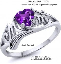 925 Sterling Silver Heart Shape Mothers Day Purple Amethyst and Black Diamond Mom MOM Women Ring (0.41 Cttw, Gemstone Birthst...