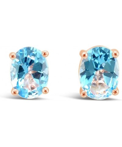 Blue Topaz Oval Stud Earrings for Women in 925 Sterling Silver with 14k Rose Gold Plating 4-Prong Setting Earrings with Push ...