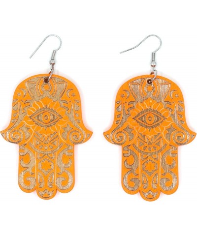 Teri's Boutique Hamsa Hand of Fatima Evil Eye Colorful Wood Natural Dangle Fashion Earrings Orange $7.70 Earrings