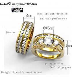 Couple Ring Bridal Set His Hers White Gold Plated CZ Stainless Steel Wedding Ring Band Set Yellow women's size 8& men's size ...