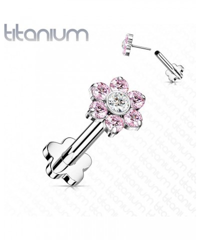 Dynamique Implant Grade Titanium Threadless Push In Flower Base Labret, Flat Back Studs With CZ Flower Top For Cartilage, Mon...