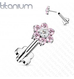 Dynamique Implant Grade Titanium Threadless Push In Flower Base Labret, Flat Back Studs With CZ Flower Top For Cartilage, Mon...