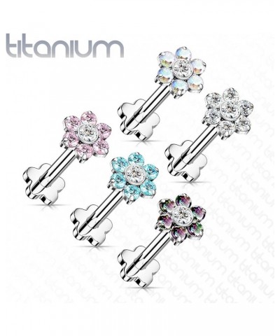 Dynamique Implant Grade Titanium Threadless Push In Flower Base Labret, Flat Back Studs With CZ Flower Top For Cartilage, Mon...