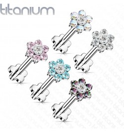 Dynamique Implant Grade Titanium Threadless Push In Flower Base Labret, Flat Back Studs With CZ Flower Top For Cartilage, Mon...