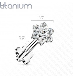 Dynamique Implant Grade Titanium Threadless Push In Flower Base Labret, Flat Back Studs With CZ Flower Top For Cartilage, Mon...