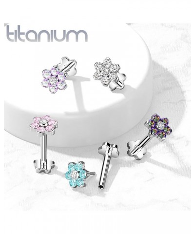 Dynamique Implant Grade Titanium Threadless Push In Flower Base Labret, Flat Back Studs With CZ Flower Top For Cartilage, Mon...