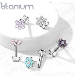 Dynamique Implant Grade Titanium Threadless Push In Flower Base Labret, Flat Back Studs With CZ Flower Top For Cartilage, Mon...