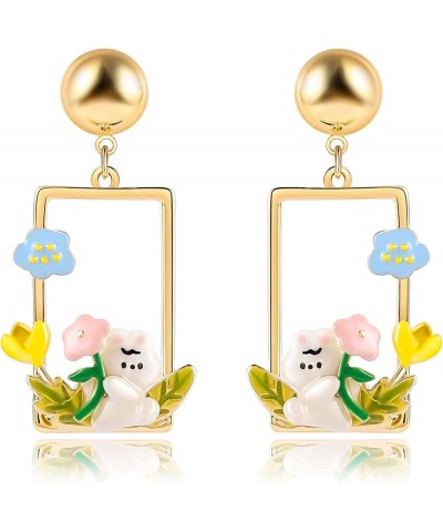 Easter Bunny Rabbit Cute Earrings - Gold Rectangle Cubic Zirconia Dangle Studs Earring for Women Teens Girls Rectangle 1 $7.6...