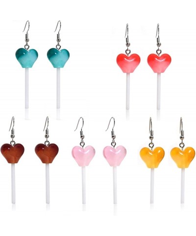 5 Paris Cute Resin Round Lollipop Drop Earrings Set Handmade Candy Color Simulation Food Dangle Earring Heart Shape Funny Car...