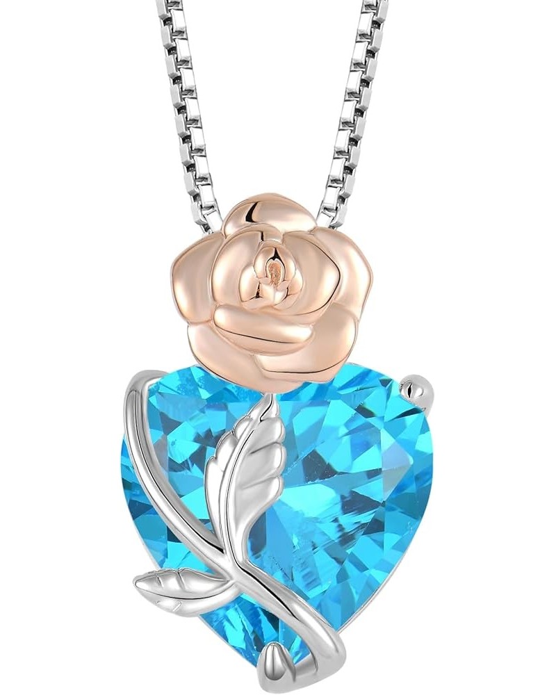 Heart Birthstone Necklace 925 Sterling Silver Rose Flower Pendant Jewelry for Women 03-Aquamarine-Mar $34.44 Necklaces