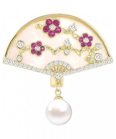 Brooch Pins for Women Fashion Peach Blossom Chinese Style Fan Shaped Brooch Pin with Imitation Pearl $16.00 Brooches & Pins