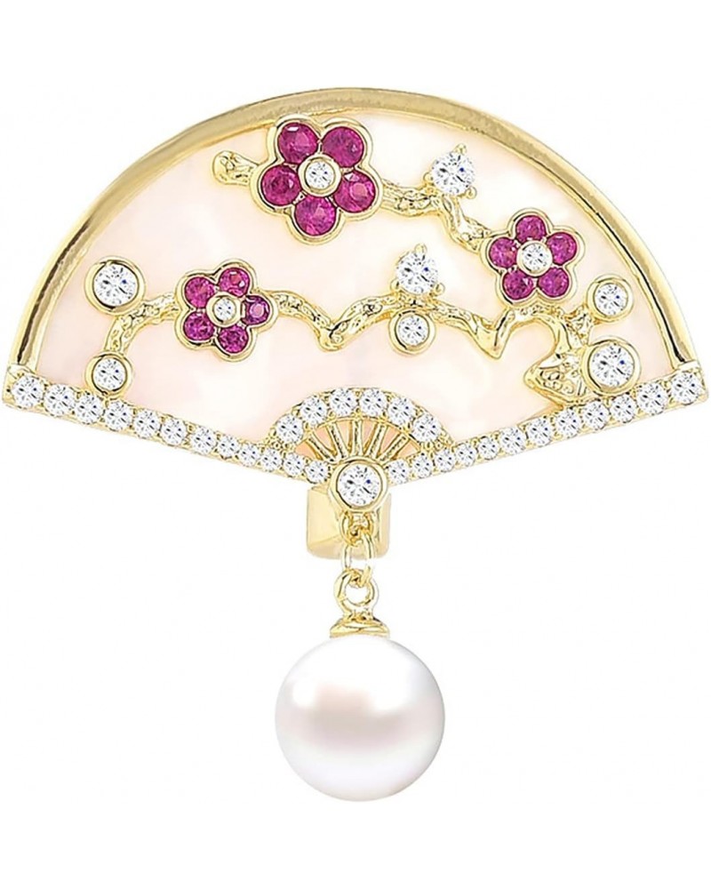 Brooch Pins for Women Fashion Peach Blossom Chinese Style Fan Shaped Brooch Pin with Imitation Pearl $16.00 Brooches & Pins