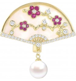 Brooch Pins for Women Fashion Peach Blossom Chinese Style Fan Shaped Brooch Pin with Imitation Pearl $16.00 Brooches & Pins