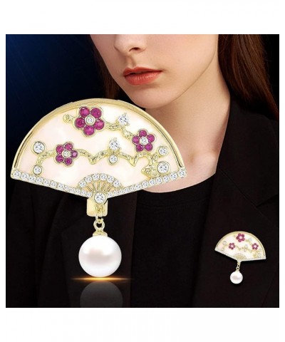 Brooch Pins for Women Fashion Peach Blossom Chinese Style Fan Shaped Brooch Pin with Imitation Pearl $16.00 Brooches & Pins