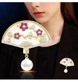 Brooch Pins for Women Fashion Peach Blossom Chinese Style Fan Shaped Brooch Pin with Imitation Pearl $16.00 Brooches & Pins