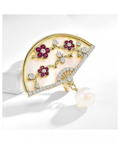 Brooch Pins for Women Fashion Peach Blossom Chinese Style Fan Shaped Brooch Pin with Imitation Pearl $16.00 Brooches & Pins