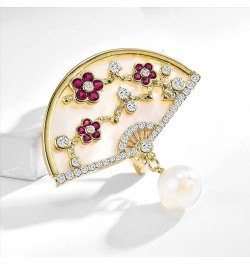 Brooch Pins for Women Fashion Peach Blossom Chinese Style Fan Shaped Brooch Pin with Imitation Pearl $16.00 Brooches & Pins