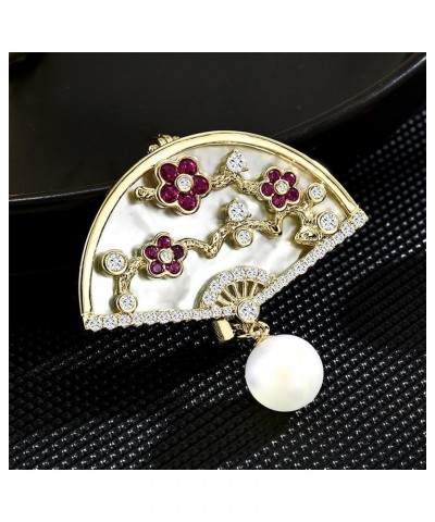 Brooch Pins for Women Fashion Peach Blossom Chinese Style Fan Shaped Brooch Pin with Imitation Pearl $16.00 Brooches & Pins