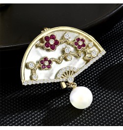 Brooch Pins for Women Fashion Peach Blossom Chinese Style Fan Shaped Brooch Pin with Imitation Pearl $16.00 Brooches & Pins