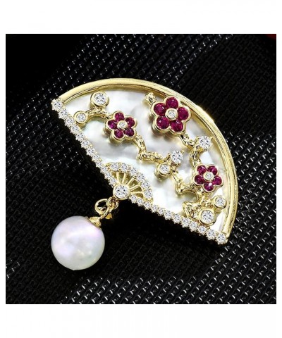 Brooch Pins for Women Fashion Peach Blossom Chinese Style Fan Shaped Brooch Pin with Imitation Pearl $16.00 Brooches & Pins