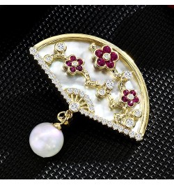 Brooch Pins for Women Fashion Peach Blossom Chinese Style Fan Shaped Brooch Pin with Imitation Pearl $16.00 Brooches & Pins