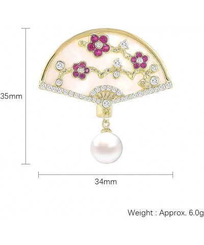 Brooch Pins for Women Fashion Peach Blossom Chinese Style Fan Shaped Brooch Pin with Imitation Pearl $16.00 Brooches & Pins