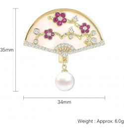 Brooch Pins for Women Fashion Peach Blossom Chinese Style Fan Shaped Brooch Pin with Imitation Pearl $16.00 Brooches & Pins