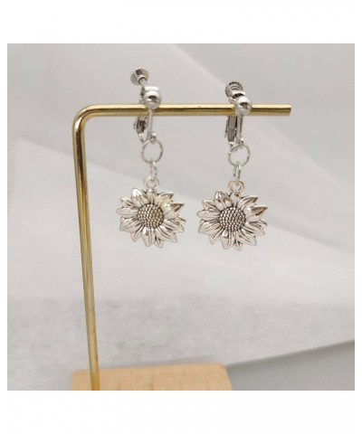 Antique Gold Silver Sunflower Clip on Earrings Sunflower Non Pierced Clip Earrings for Women Girls Antique silver $8.39 Earrings