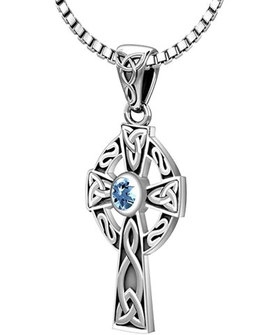 Ladies 925 Sterling Silver Genuine Aquamarine March Birthstone 23mm Celtic Knot Cross Pendant Necklace, 18in to 24in 18in 1.5...