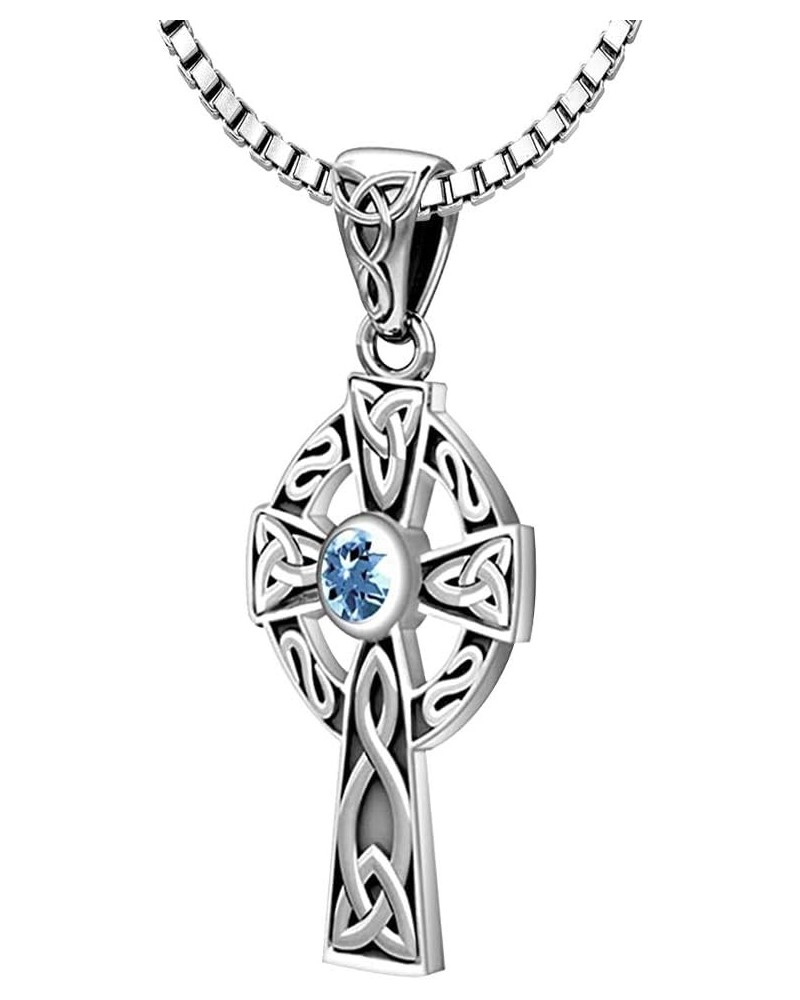 Ladies 925 Sterling Silver Genuine Aquamarine March Birthstone 23mm Celtic Knot Cross Pendant Necklace, 18in to 24in 18in 1.5...