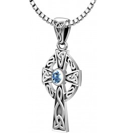 Ladies 925 Sterling Silver Genuine Aquamarine March Birthstone 23mm Celtic Knot Cross Pendant Necklace, 18in to 24in 18in 1.5...