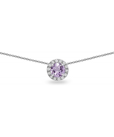 Sterling Silver Genuine or Synthetic Gemstone Round Halo Slide Short Choker Necklace for Girls Women Bridesmaids Amethyst - F...