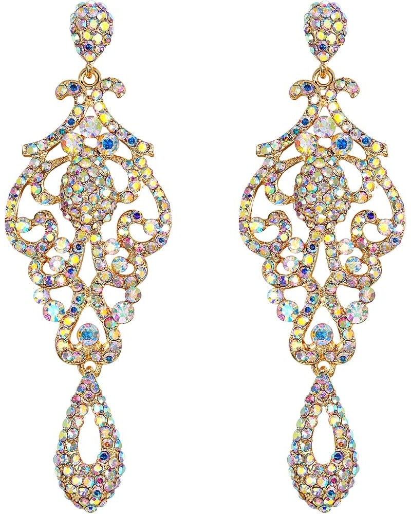 Women's Crystal Wedding Vintage Flower Pattern Hollow Drop Chandelier Earrings Iridescent Clear AB Silver-Tone $9.74 Earrings